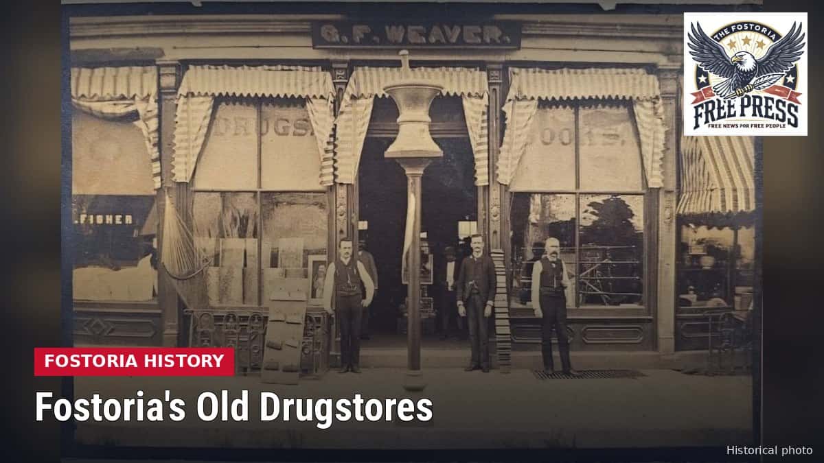 Fostoria News: 1880s photo of the G.F. Weaver drug and book store on North Main Street in Fostoria, Ohio, with three men standing out front under striped awnings