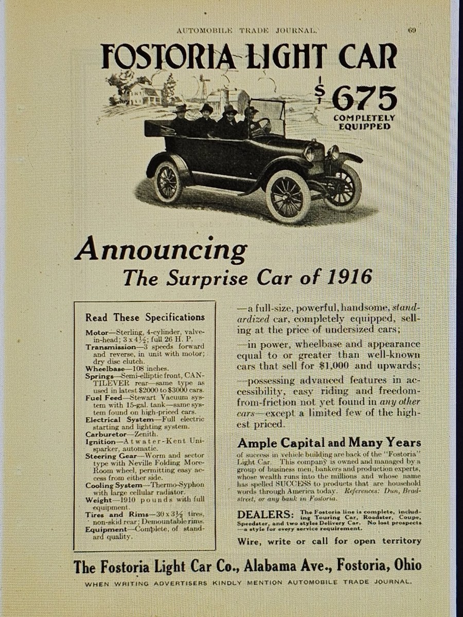 Fostoria News: Full-page 1915 advertisement for the Fostoria Light Car from the Automobile Trade Journal, with specifications and the address Alabama Ave., Fostoria, Ohio