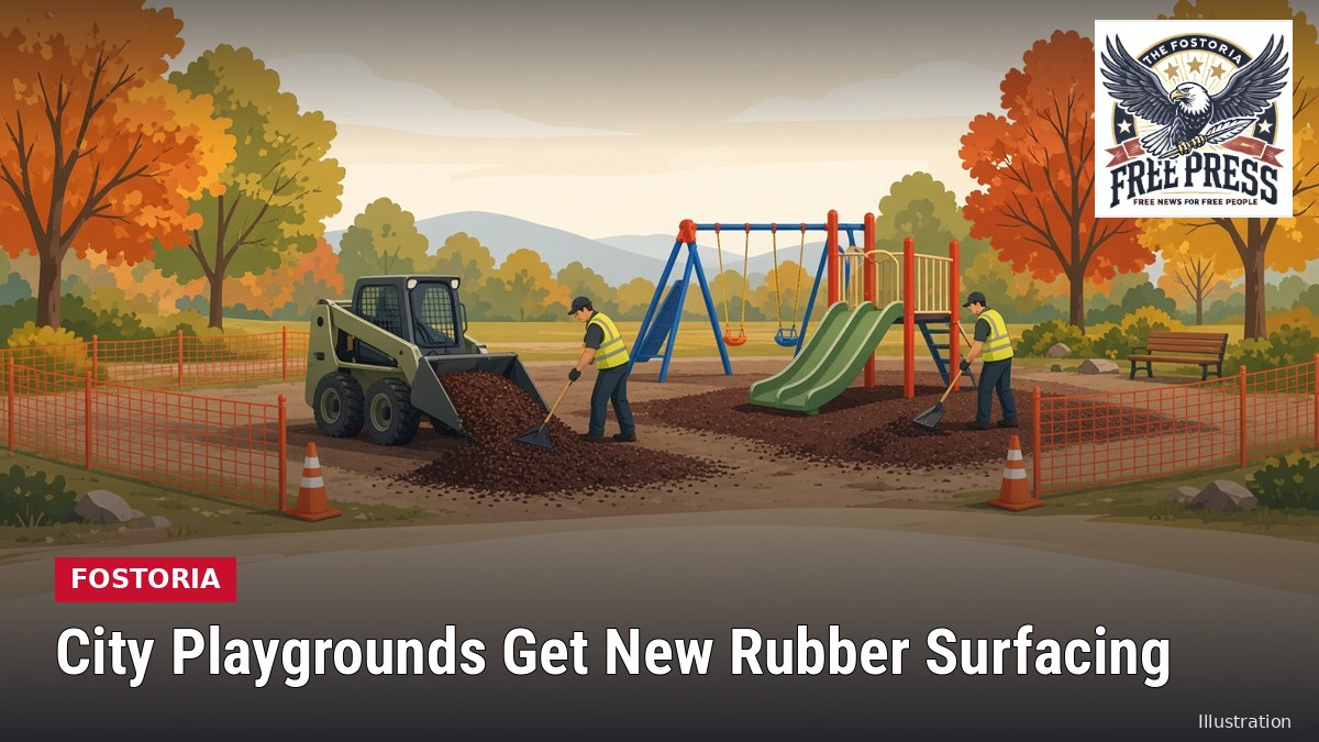 Illustration: FOSTORIA | Crews Replacing Stone and Old Mulch With Recycled Rubber Surfacing at Five City Playgrounds This Week