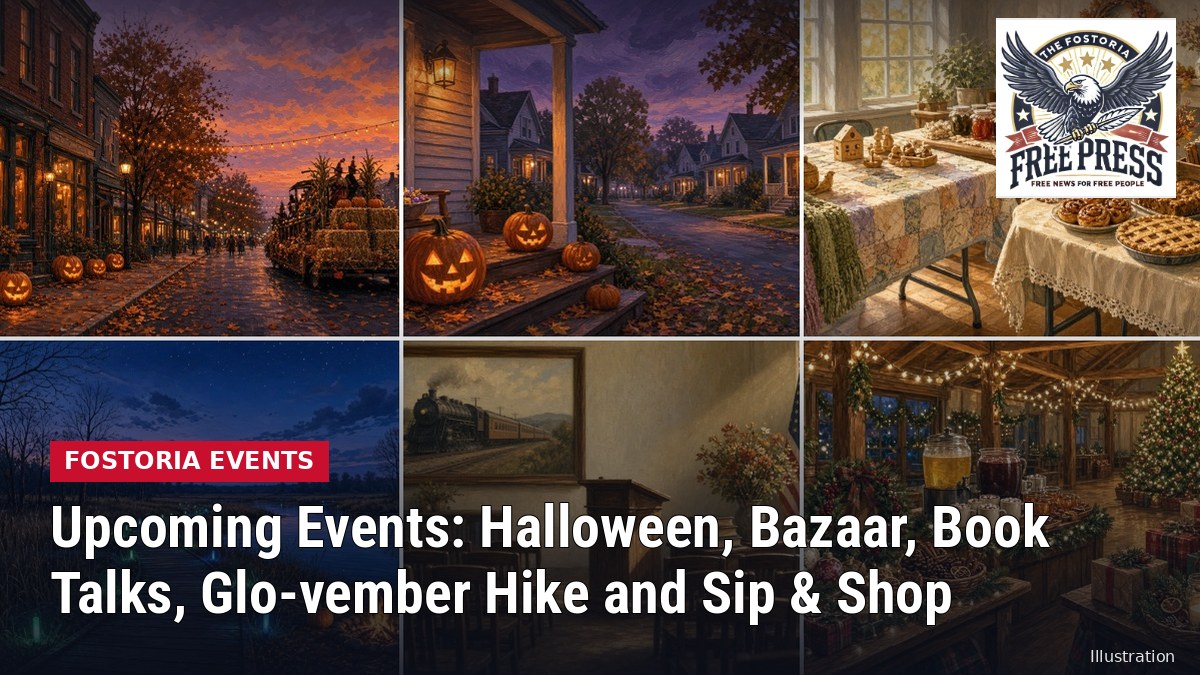 Collage illustration of a Halloween main street, a lit porch with jack-o-lanterns, a craft bazaar, a glowing wetland trail, a library talk room and a holiday market, with headline: Upcoming Events in Fostoria