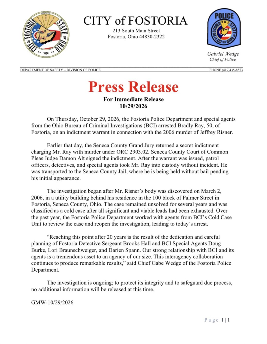 Fostoria Police Department press release dated Oct. 29, 2026, on the arrest of Bradly Ray in the 2006 murder of Jeffrey Risner