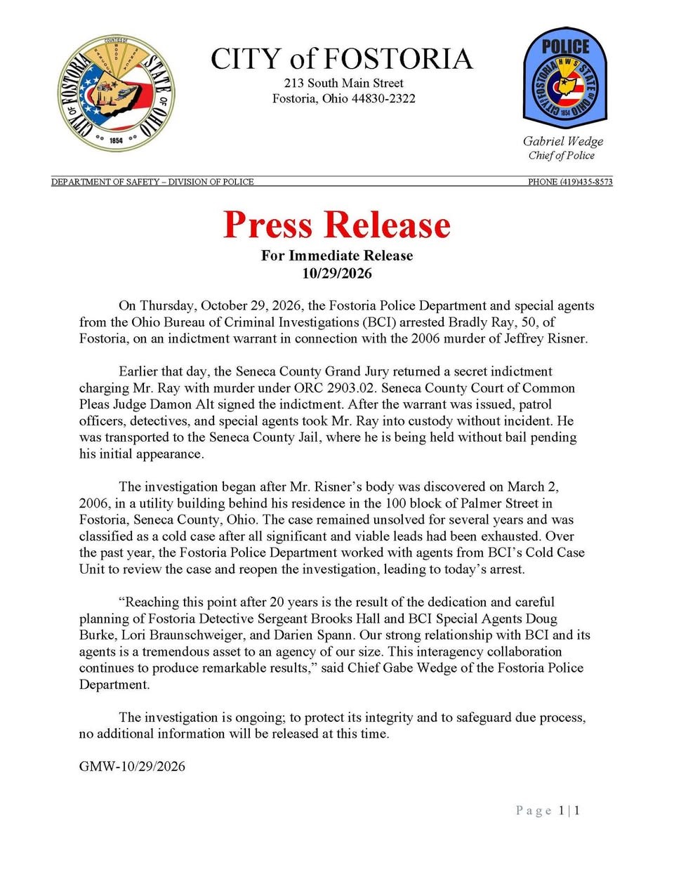 Fostoria Police Department press release dated Oct. 29, 2026, on the arrest of Bradly Ray in the 2006 murder of Jeffrey Risner