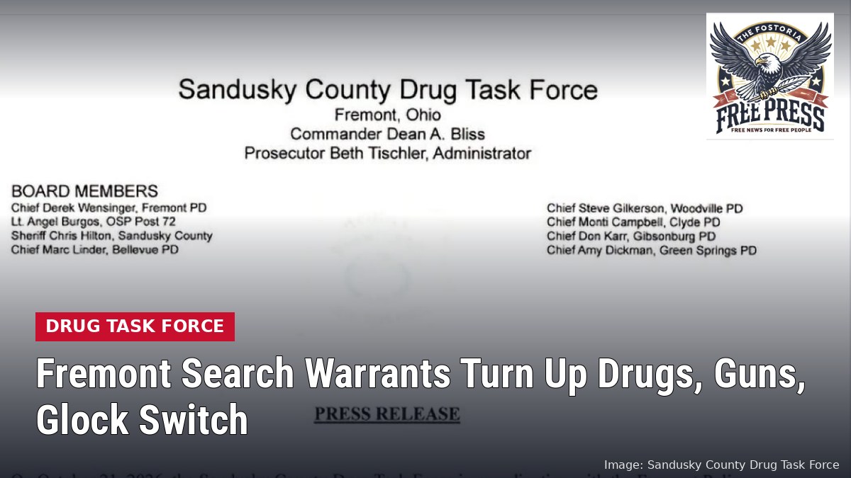 Sandusky County Drug Task Force press release letterhead about two Fremont search warrants