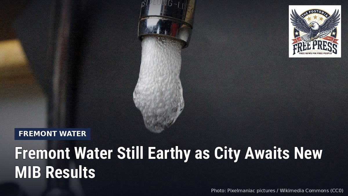 Fostoria News: Water running from a kitchen faucet, with headline: Fremont Water Still Earthy as City Awaits New MIB Results