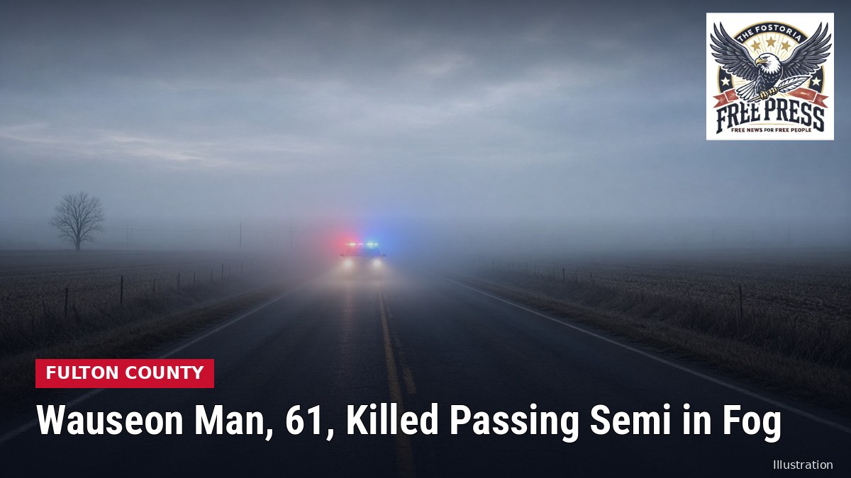 Illustration of police lights glowing through fog on an empty rural road, with headline: Wauseon Man, 61, Killed Passing Semi in Fog