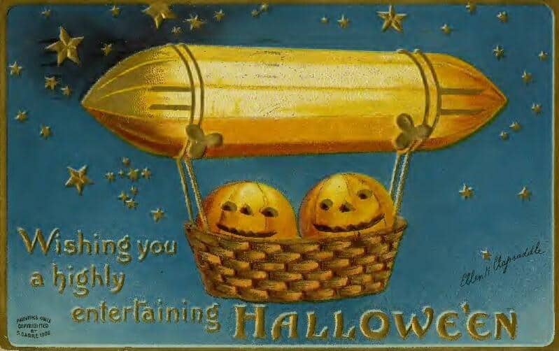 Fostoria News: 1908 Halloween postcard by Ellen Clapsaddle showing two jack-o-lanterns in an airship basket and the words Wishing you a highly entertaining Halloween