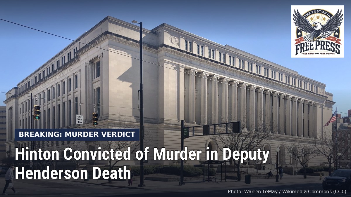 Fostoria News: Hamilton County Courthouse in Cincinnati, with headline: Hinton Convicted of Murder in Deputy Henderson Death