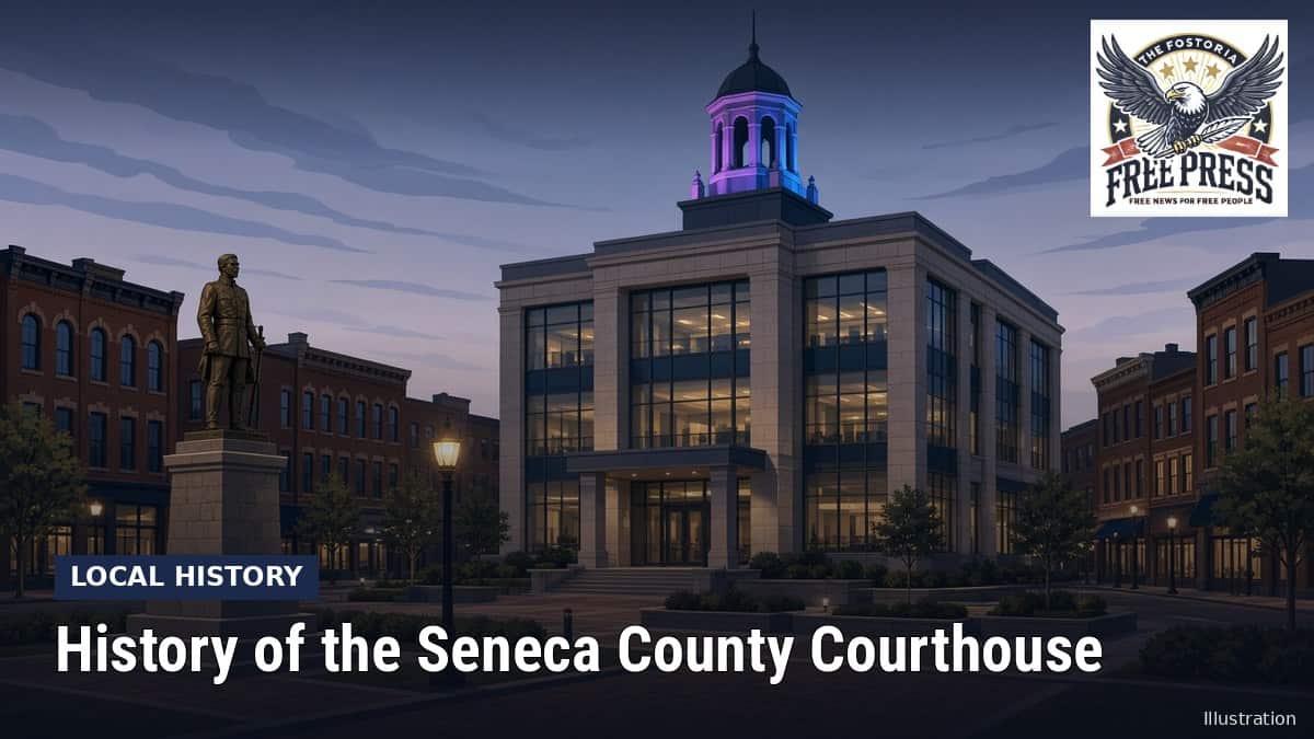 Fostoria News: Illustration, with headline: History of the Seneca County Courthouse