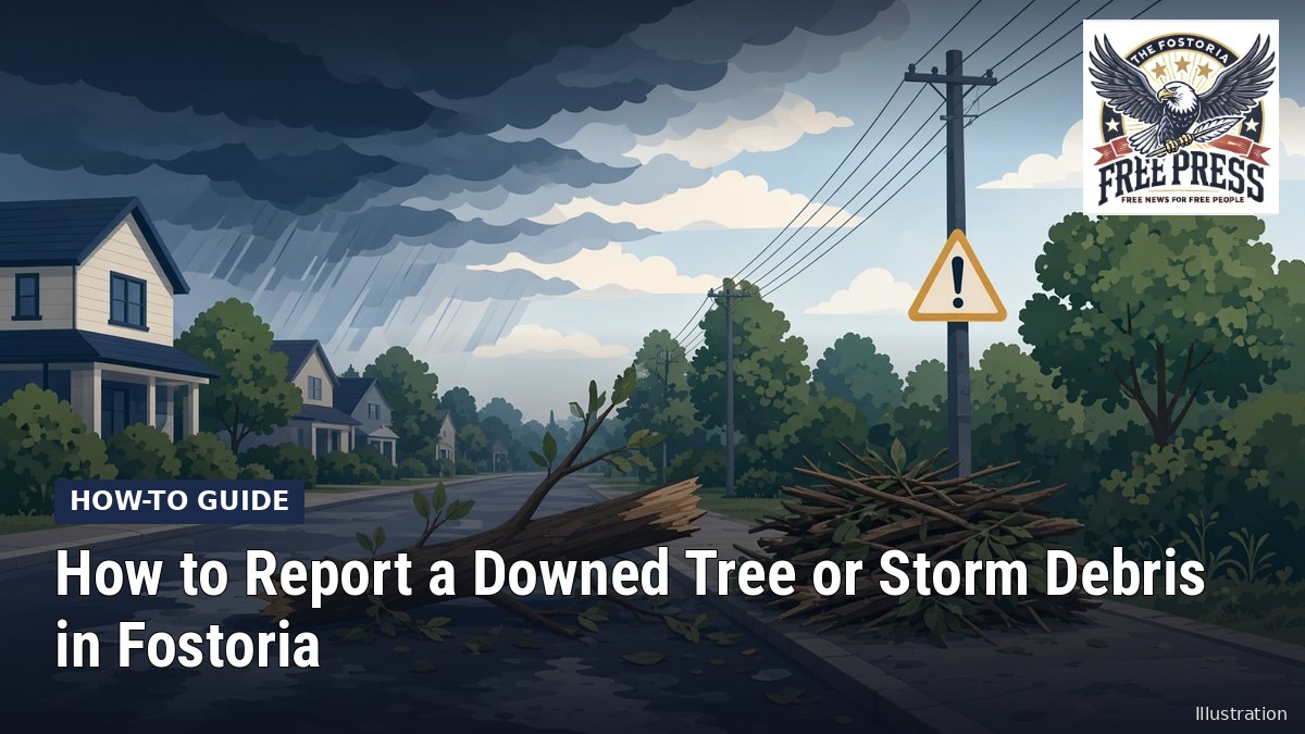 Fostoria News: Illustration, with headline: How to Report a Downed Tree or Storm Debris in Fostoria