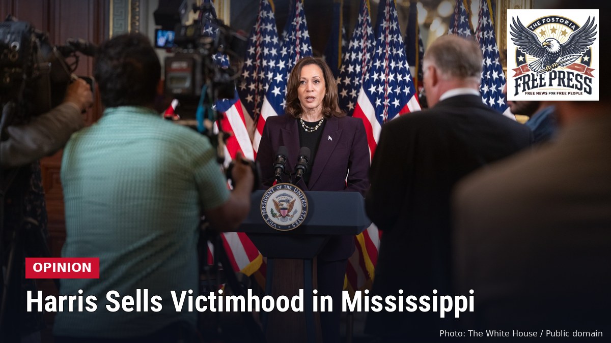 Kamala Harris speaks at a podium bearing the vice presidential seal, with an OPINION label and the Fostoria Free Press logo