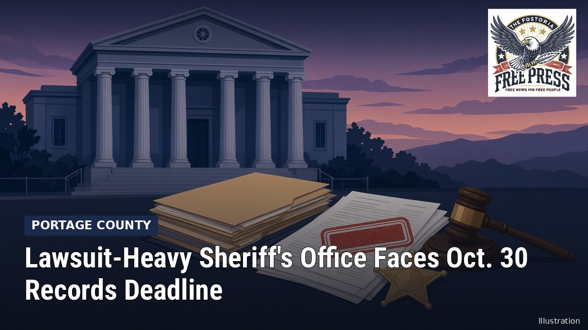 Illustration of a courthouse, records folders, a gavel and a sheriff's star