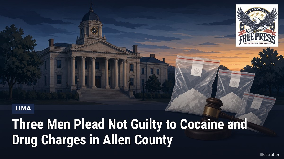 Fostoria News: Illustration of a county courthouse at dusk with a gavel and evidence bags, with headline: Three Men Plead Not Guilty to Cocaine and Drug Charges in Allen County