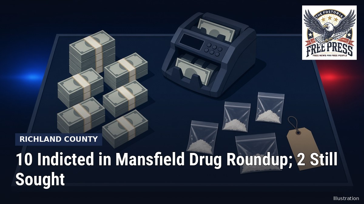 Illustration: seized cash, a currency counter and evidence bags under police lights