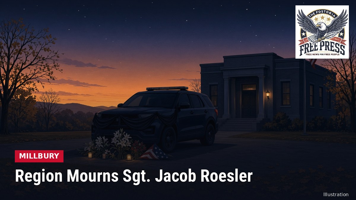 Illustration: a police cruiser draped in black bunting with flowers and an American flag at dusk, in tribute to Clay Township Police Sgt. Jacob Roesler