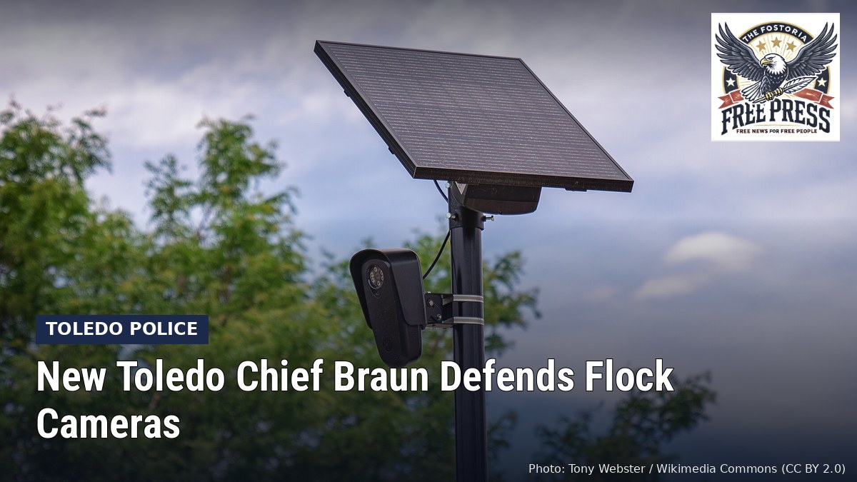 Fostoria News: A Flock Safety license plate reader camera on a pole, with headline: New Toledo Chief Braun Defends Flock Cameras