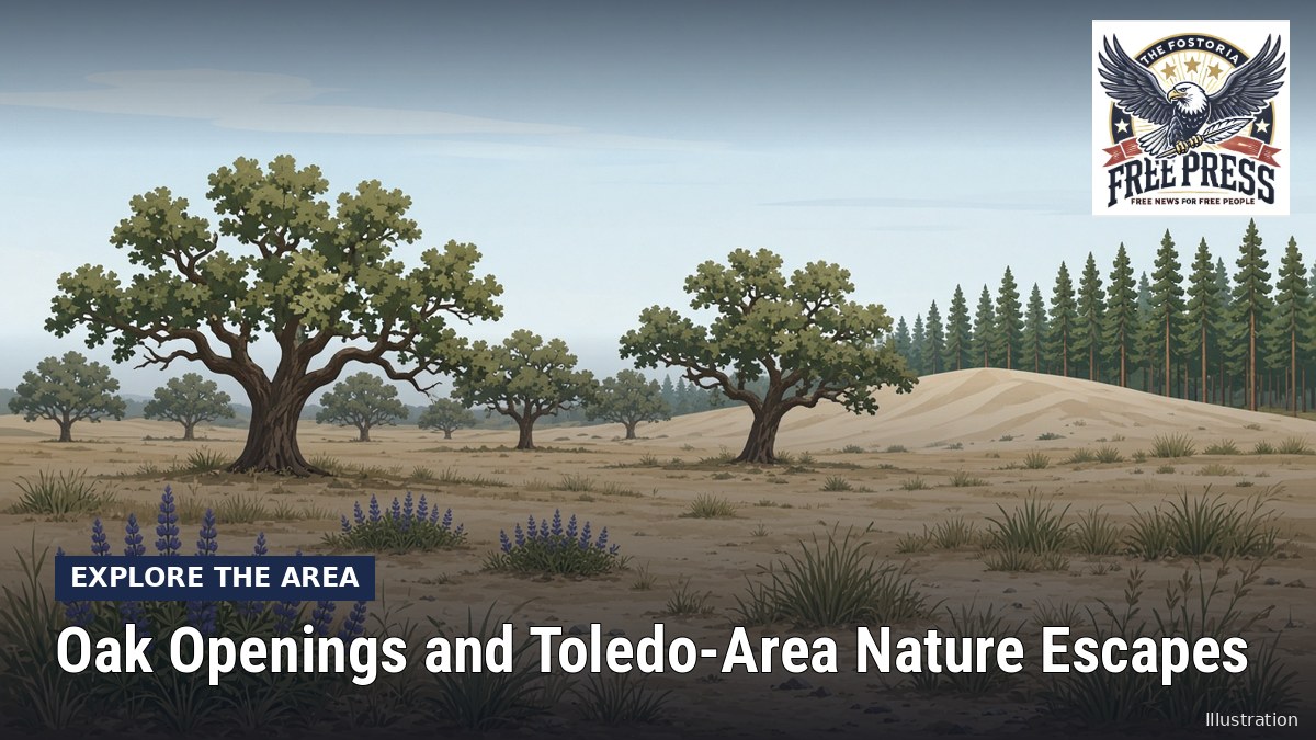Fostoria News: Illustration, with headline: Oak Openings and Toledo-Area Nature Escapes