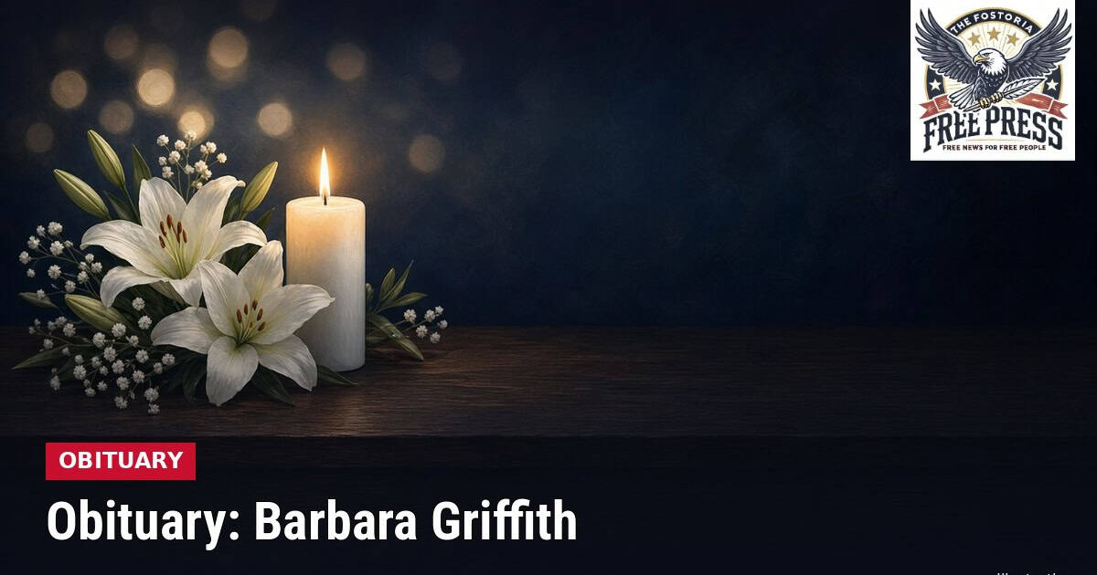 Fostoria News Memorial candle with white lilies for Barbara Griffith obituary.