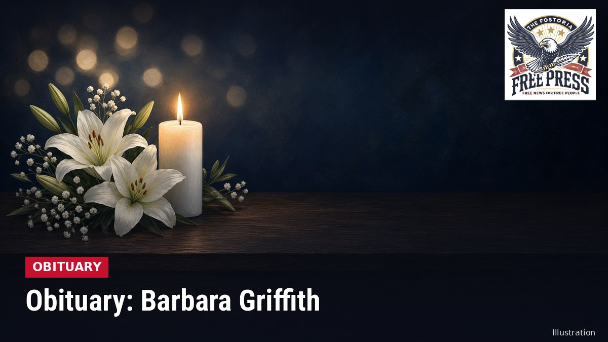 Illustration of a lit white candle and white lilies on a dark table, with text: Obituary: Barbara Griffith