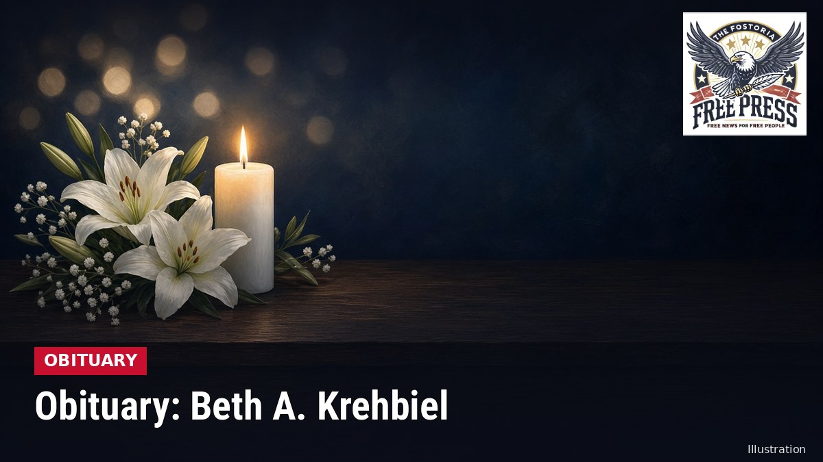 Illustration of a lit white candle and white lilies on a dark table, with text: Obituary: Beth A. Krehbiel