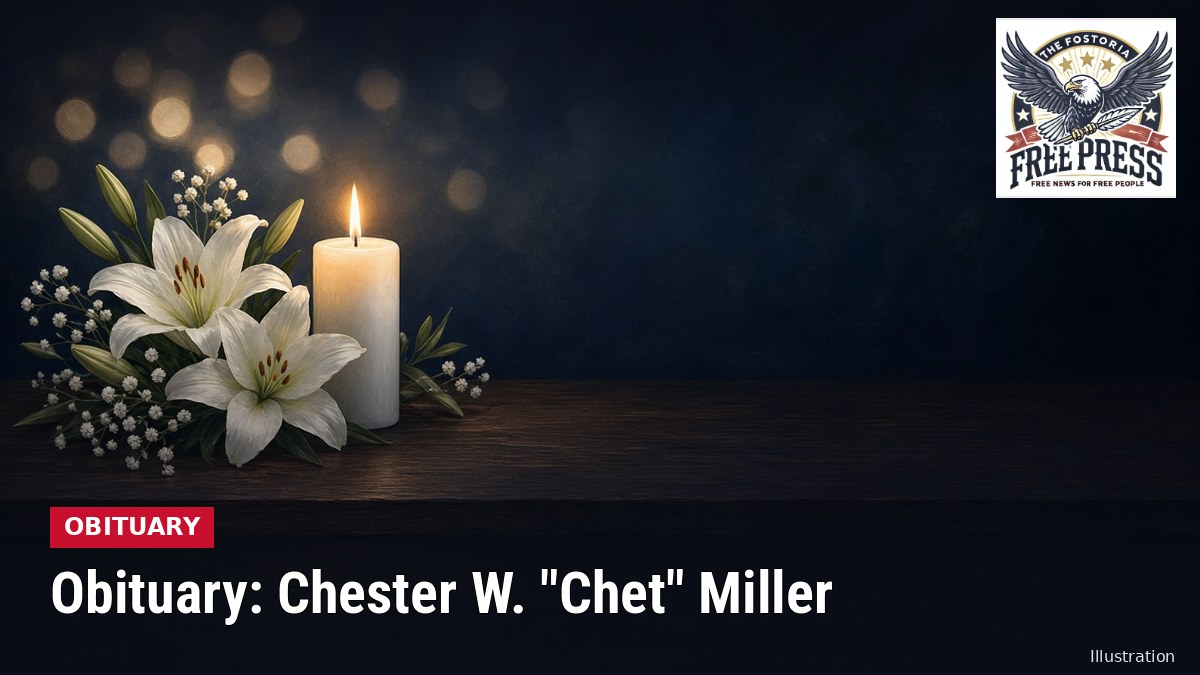 Illustration of a lit white candle and white lilies on a dark table, with text: Obituary: Chester W. 'Chet' Miller