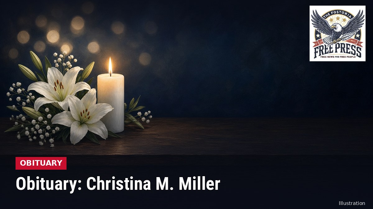 Illustration of a lit white candle and white lilies on a dark table, with text: Obituary: Christina M. Miller