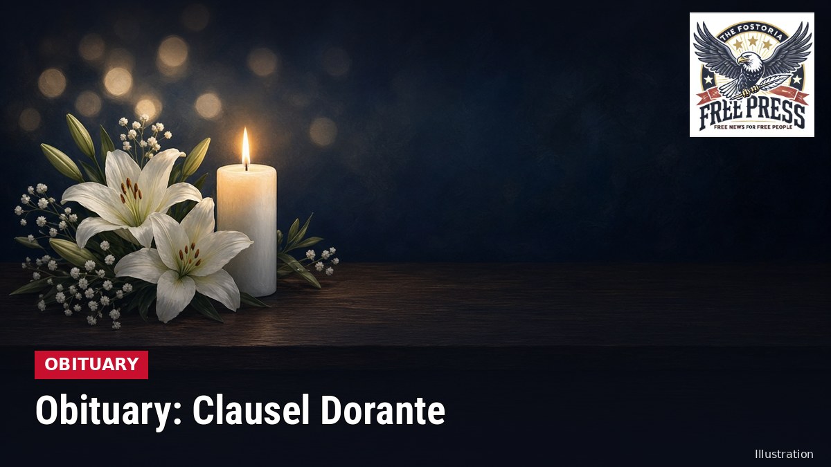 Illustration of a lit white candle and white lilies on a dark table, with text: Obituary: Clausel Dorante