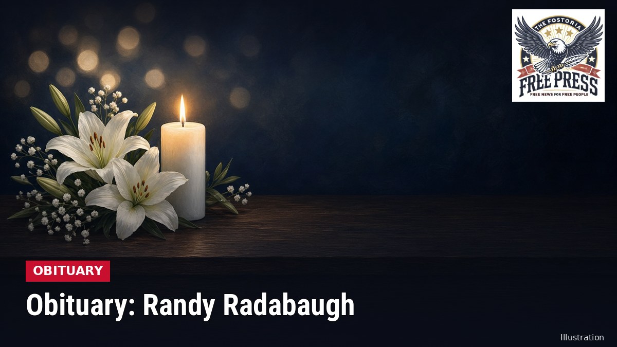 Illustration of a lit white candle and white lilies on a dark table, with text: Obituary: Randy Radabaugh
