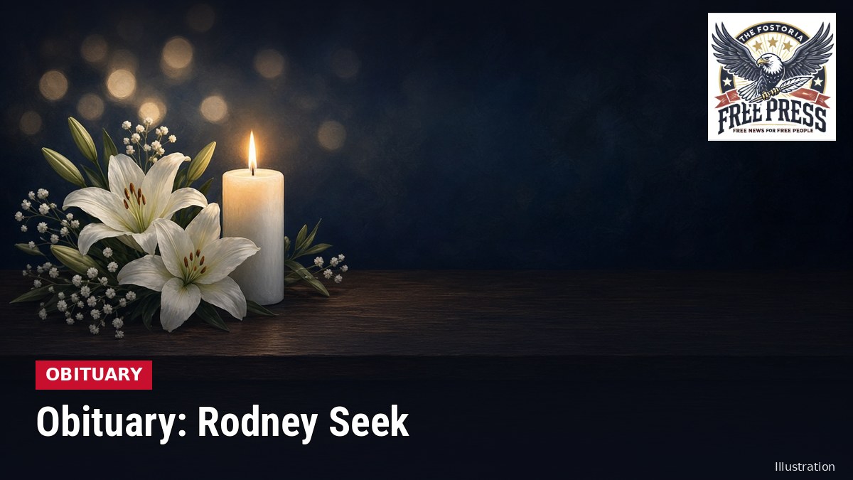 Illustration of a lit white candle and white lilies on a dark table, with text: Obituary: Rodney Seek