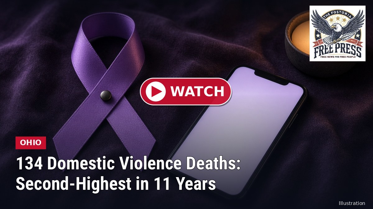 Illustration of a purple awareness ribbon beside a smartphone and a candle, with headline: Ohio Domestic Violence Deaths: 134, Second-Highest in 11 Years