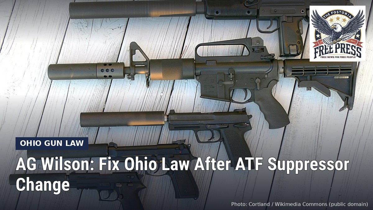 Fostoria News: Firearms fitted with suppressors on a table, with headline: AG Wilson: Fix Ohio Law After ATF Suppressor Change