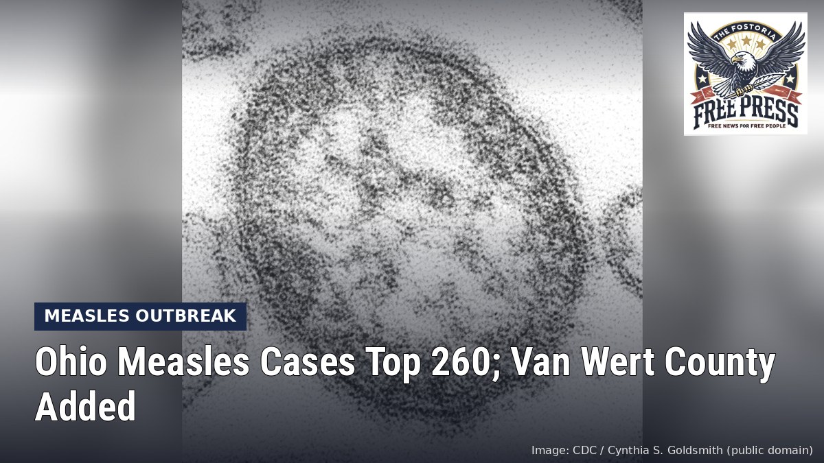 Fostoria News: Electron microscope image of a measles virus particle, with headline: Ohio Measles Cases Top 260; Van Wert County Added