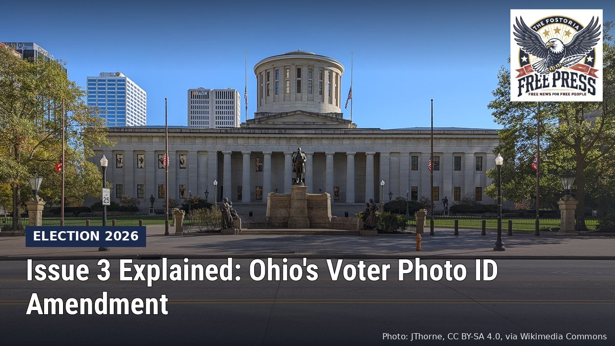 Fostoria News: Ohio Statehouse in Columbus, with headline: Issue 3 Explained: Ohio's Voter Photo ID Amendment