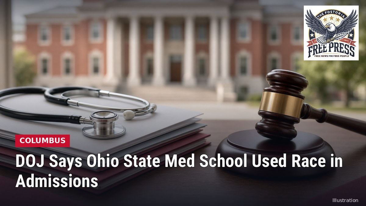 Illustration of a stethoscope on medical school application folders beside a gavel, with headline: DOJ: Ohio State Med School Used Race in Admissions