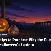 Fostoria News Pumpkin lantern origins on a porch at dusk with jack-o'-lantern.