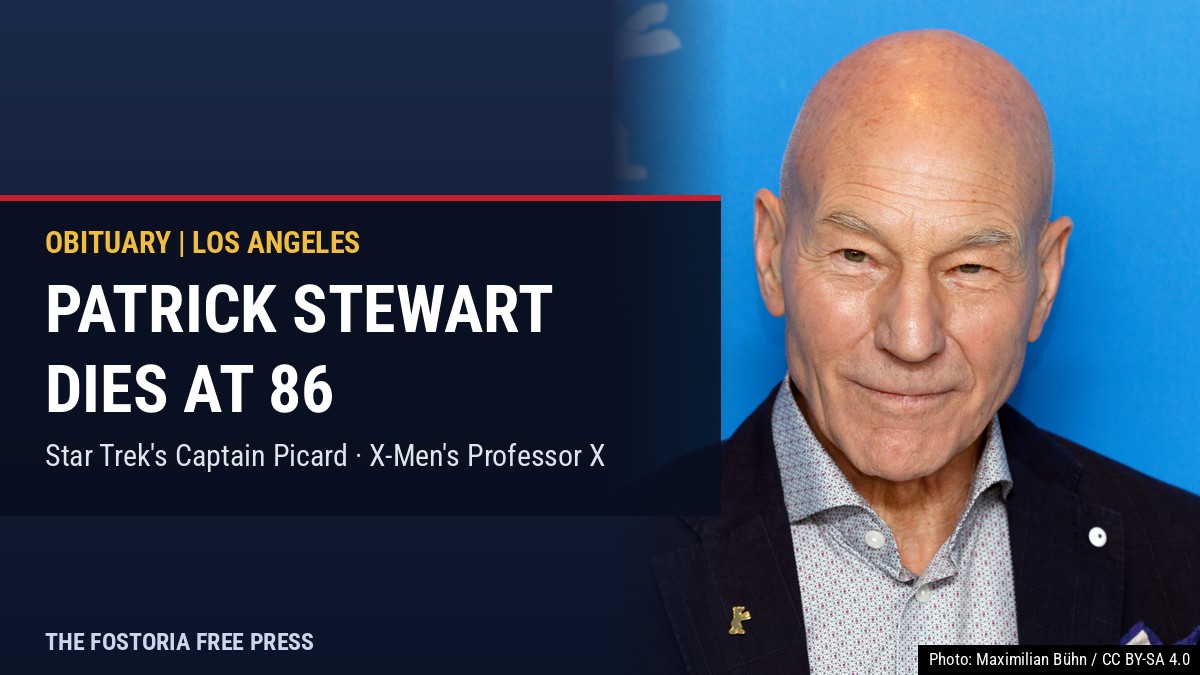 Patrick Stewart smiling at a 2017 Berlin International Film Festival photo call, with the headline Patrick Stewart Dies at 86