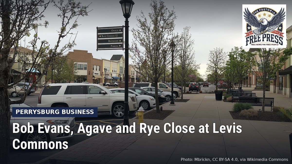 Fostoria News: Levis Commons shopping center, with headline: Bob Evans, Agave and Rye Close at Levis Commons