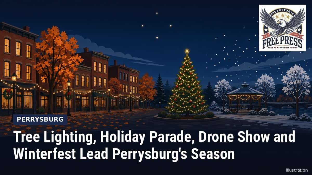Fostoria News: Illustration of a historic small-town main street with autumn leaves, holiday lights and a lit Christmas tree, with headline: Tree Lighting, Holiday Parade, Drone Show and Winterfest Lead Perrysburg's Season