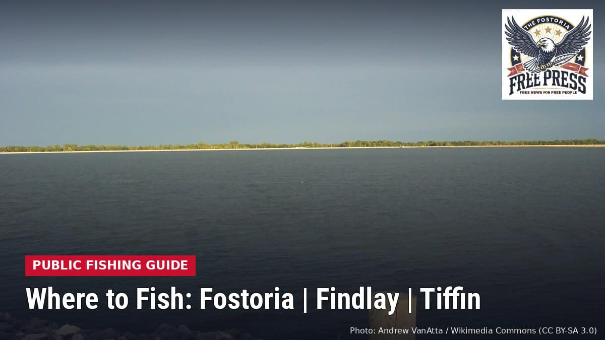 Fostoria News - Findlay Reservoir 2 seen from the boat launch area, with headline: Where to Fish: Fostoria | Findlay | Tiffin