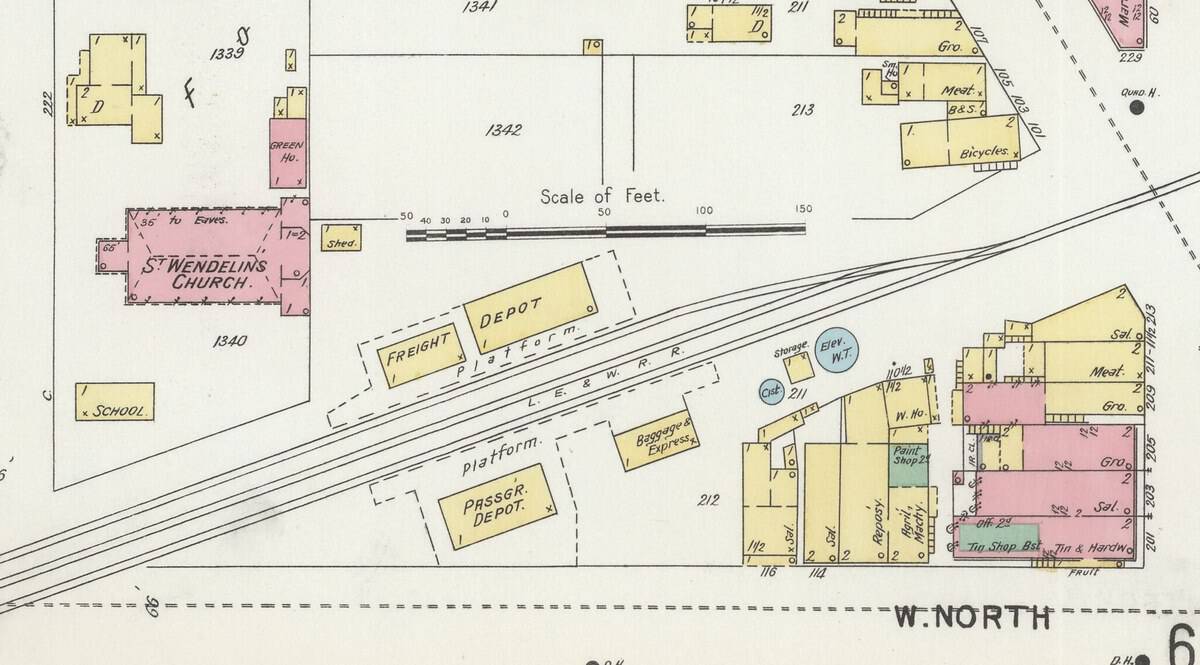 Fostoria News: Detail of the 1896 Sanborn fire insurance map of Fostoria, Ohio, showing the Lake Erie and Western depots and St. Wendelin church