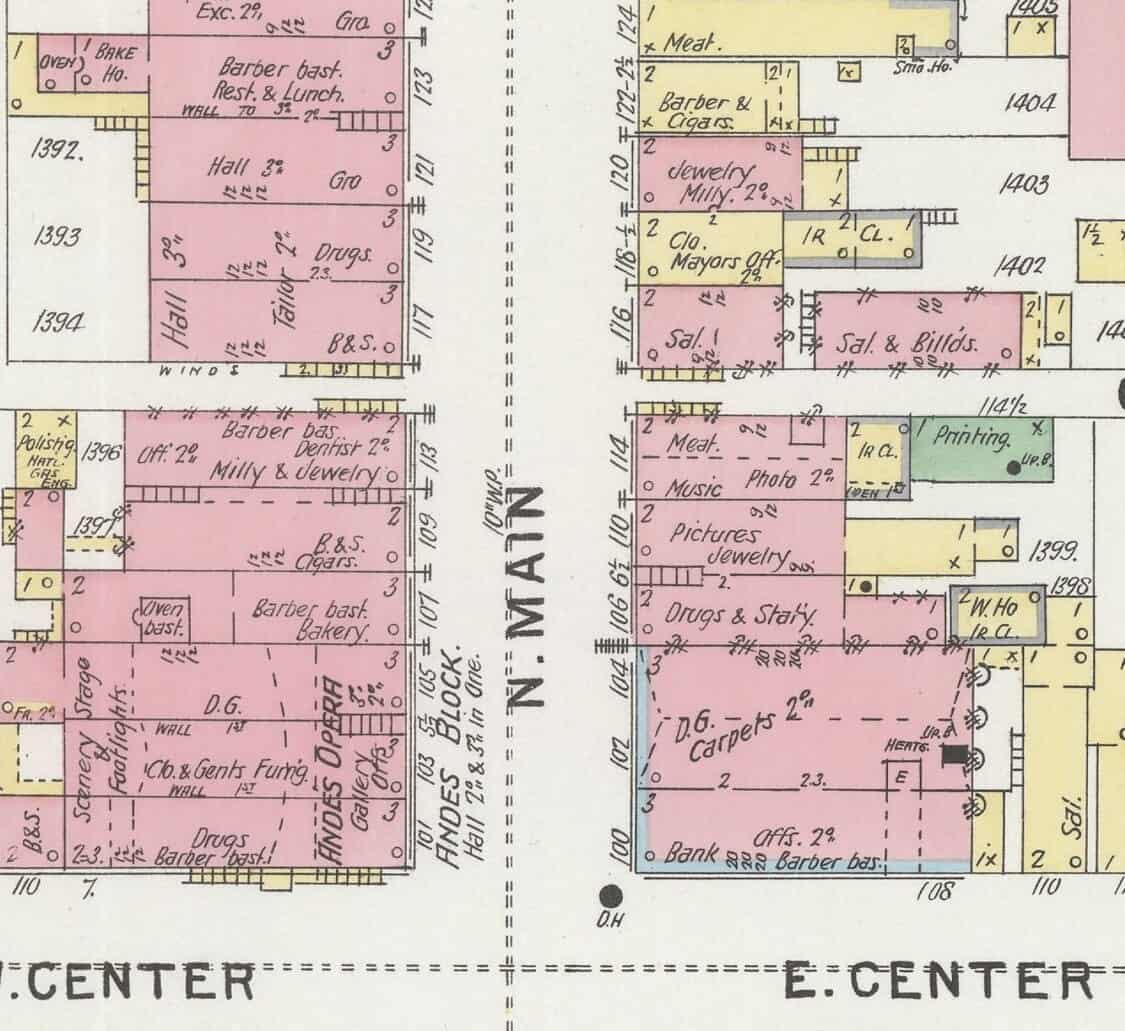 Fostoria News: Detail of the 1896 Sanborn fire insurance map showing the Main and Center intersection in Fostoria, Ohio, with a drugstore in the corner building
