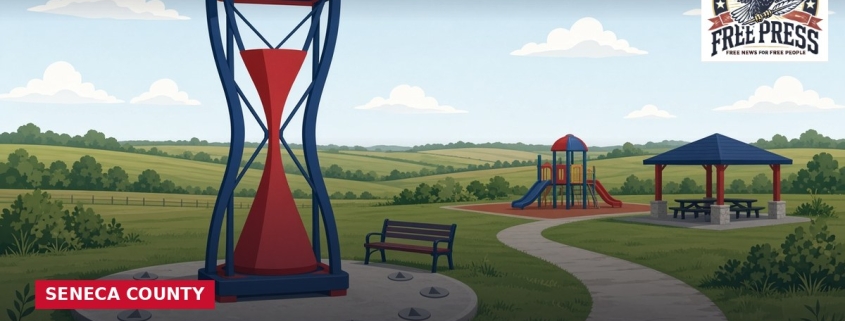 Fostoria News Public park with hourglass sculpture and playground in Fostoria, Ohio.