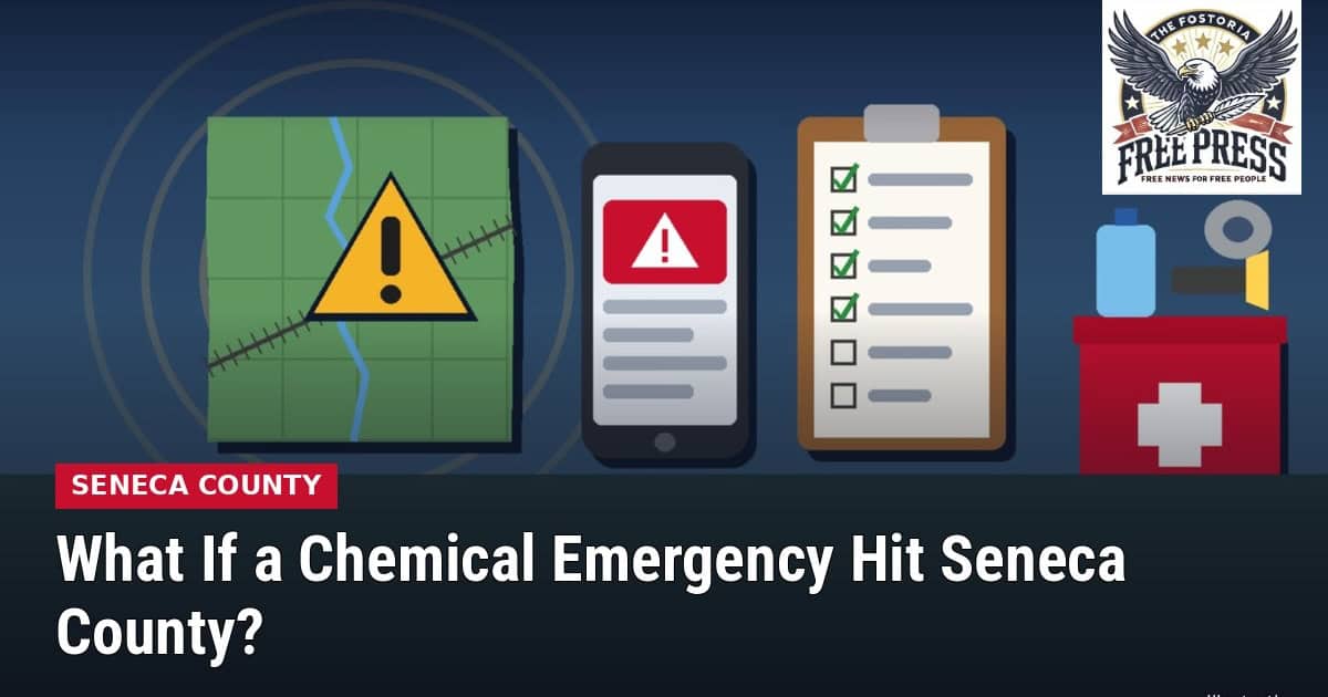 Illustration of a Seneca County map outline with an emergency alert icon beside a family emergency go-kit and plan checklist