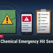 Illustration of a Seneca County map outline with an emergency alert icon beside a family emergency go-kit and plan checklist