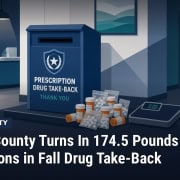 Illustration: a prescription drug take-back drop box with pill bottles and a scale in a police lobby
