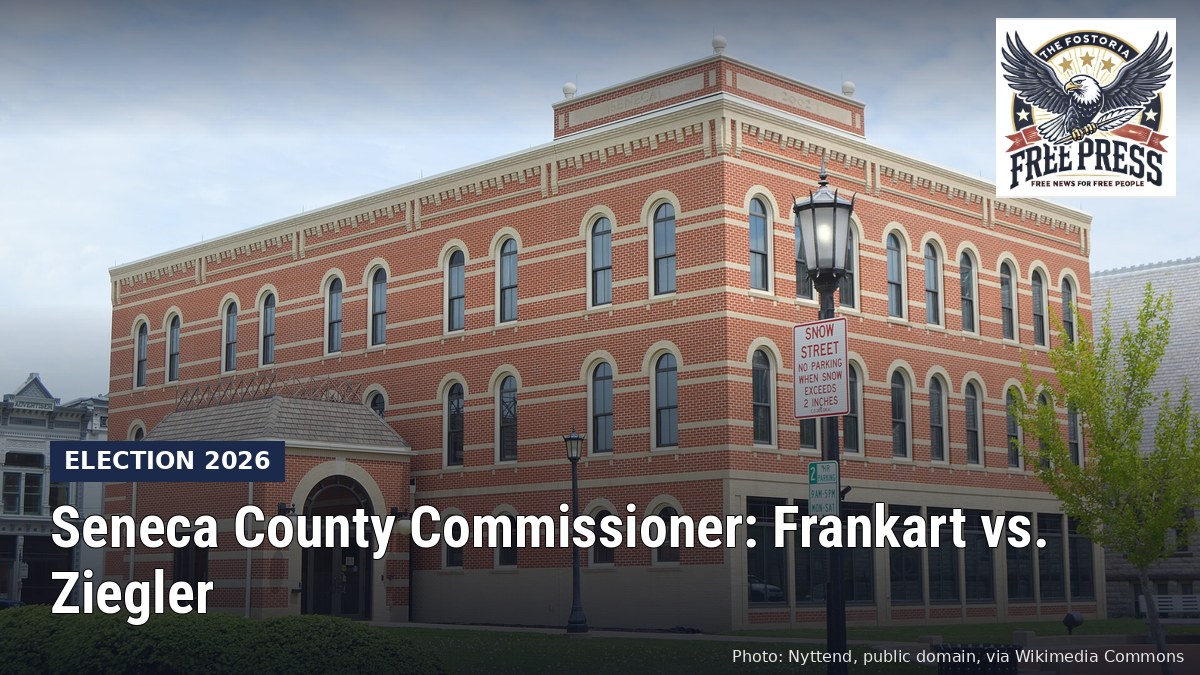 Fostoria News: Seneca County government building, with headline: Seneca County Commissioner: Frankart vs. Ziegler