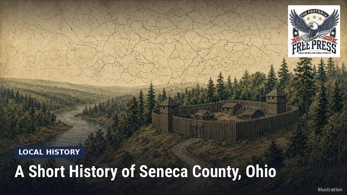 Fostoria News: Illustration, with headline: A Short History of Seneca County, Ohio