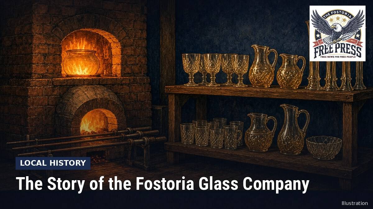 Fostoria News: Illustration, with headline: The Story of the Fostoria Glass Company