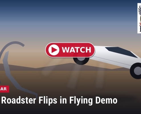 Fostoria News Tesla Roadster flying in a demo with desert background.