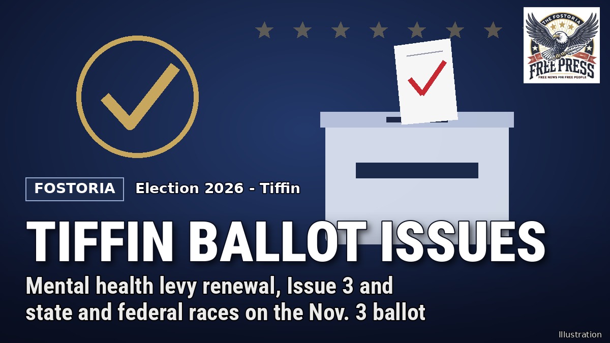Fostoria Free Press illustration: a ballot box with a check mark on a navy background with the words Tiffin Ballot Issues