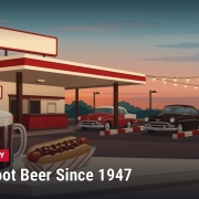 Fostoria News Vintage-style root beer stand with cars and string lights at sunset.